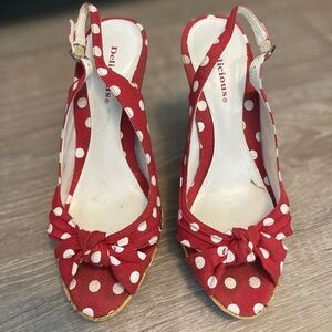 Delicious heels size 7, red with white polka dots.